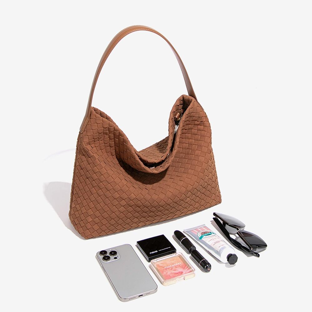2453 Woven Suede Shoulder Bag , Leather Crossbody Bags Top Handle Handbag - Picture 4 of 6